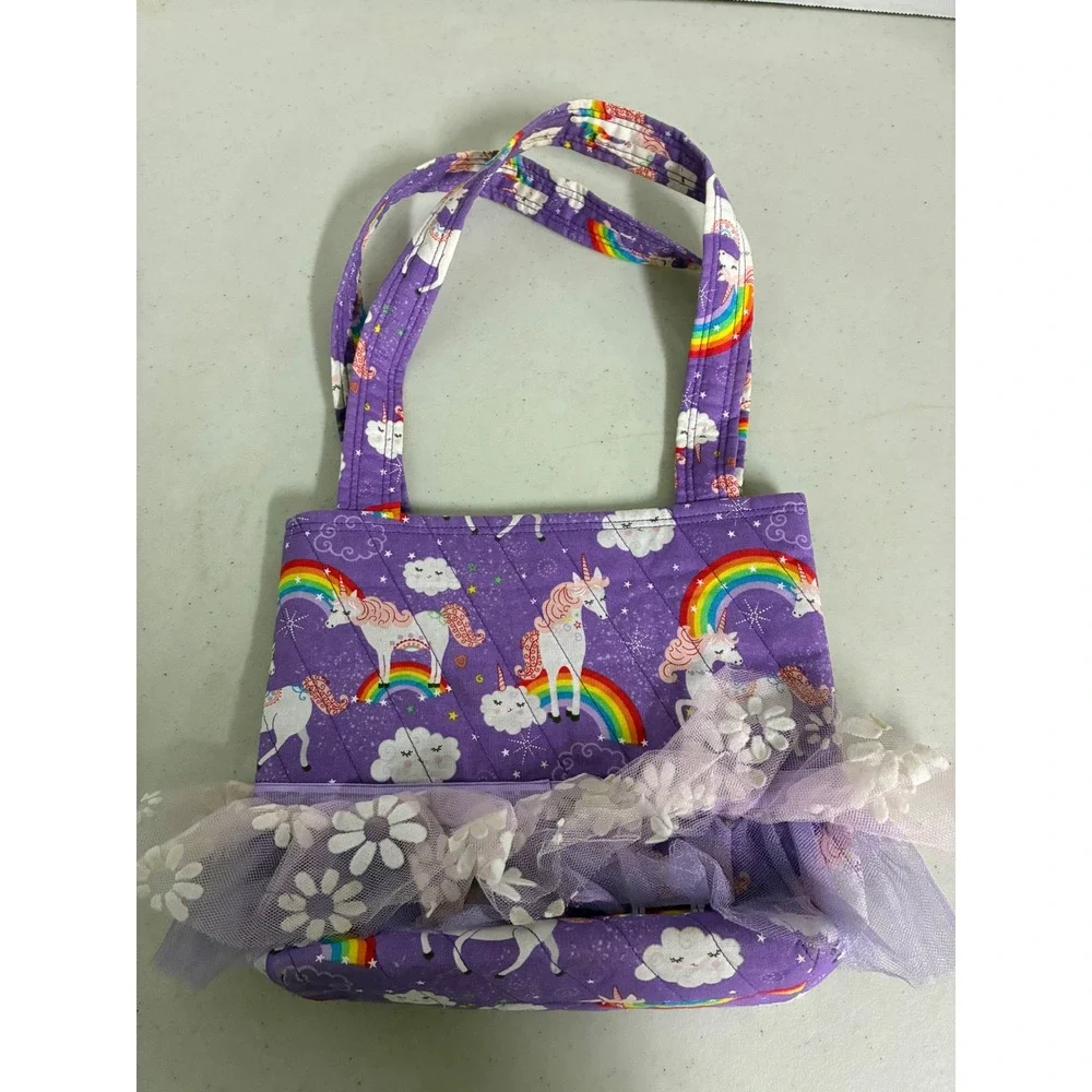 Handmade Girls Purple Quilted Unicorn Rainbow Tote Bag Tutu Lace Trim Purse‎
